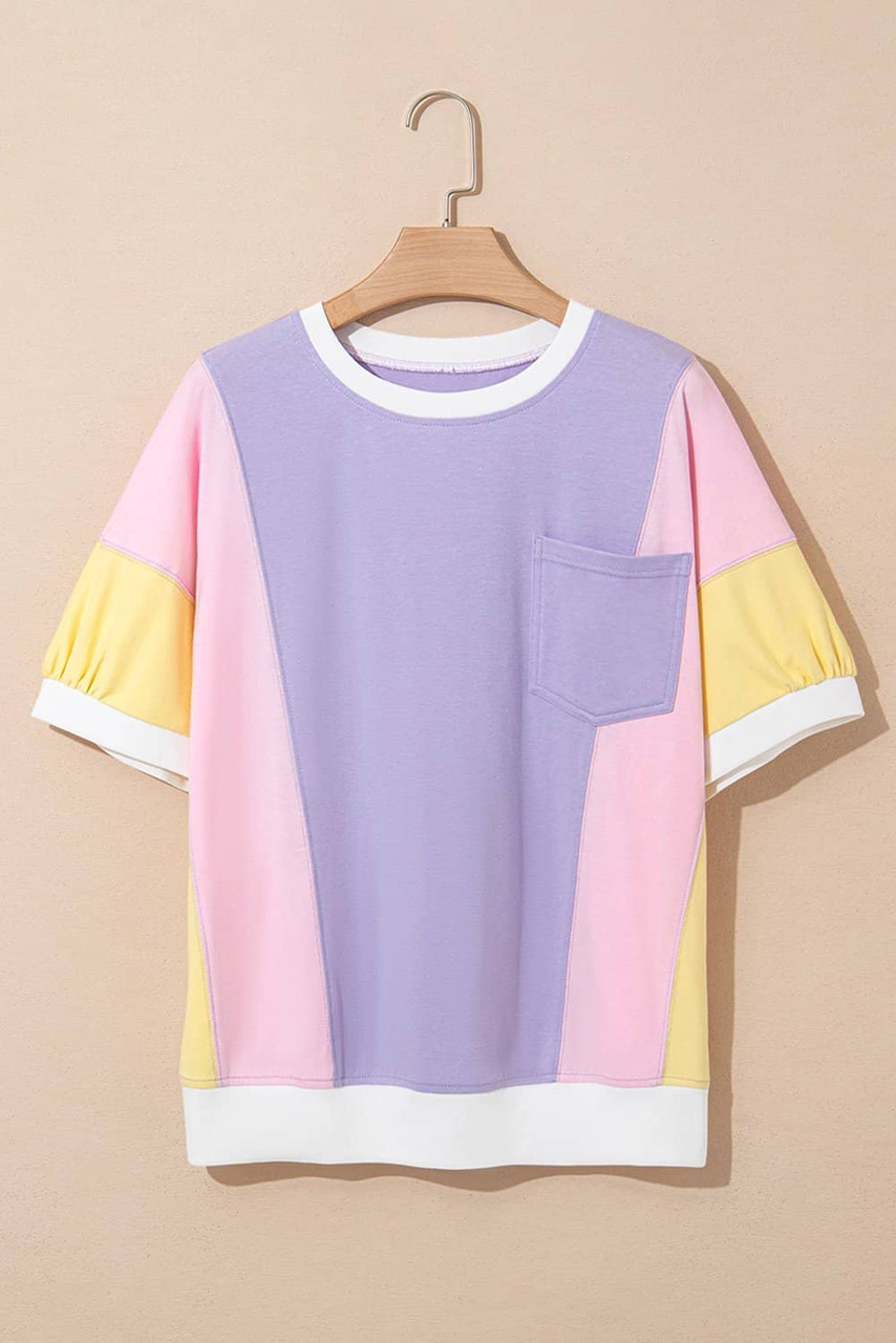 Purple Color Block Patchwork Half Sleeve Oversized T Shirt