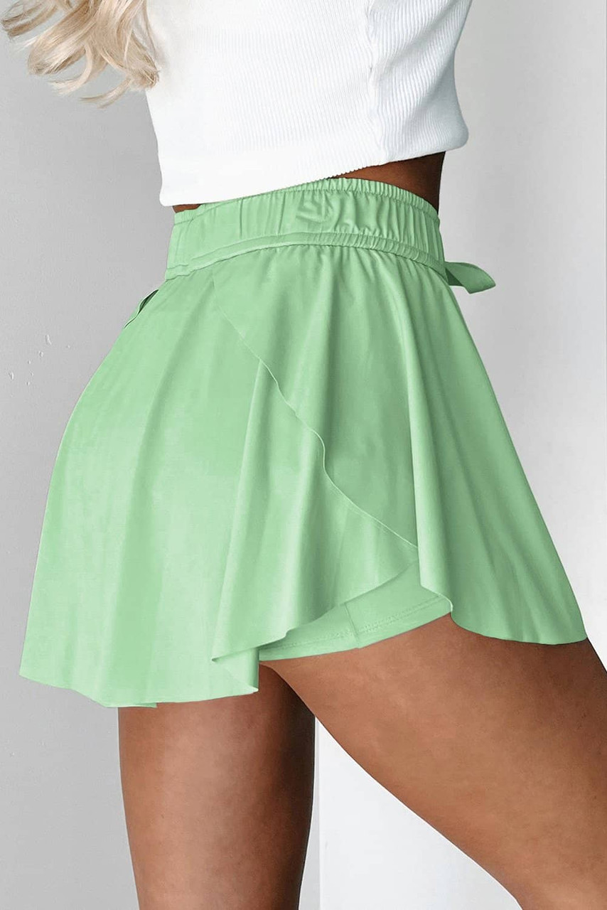 Light Green Drawstring High Waist Lined Tennis Skorts