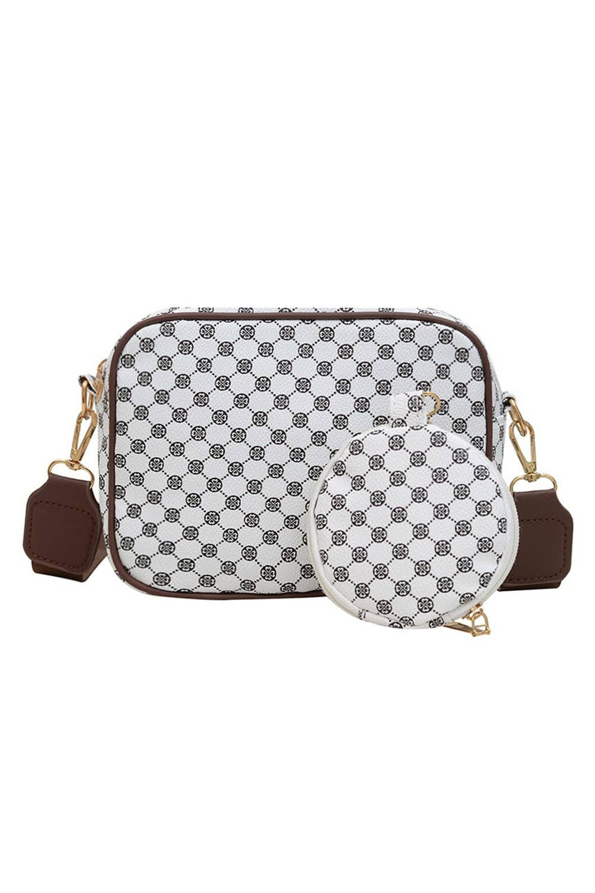 White Checkered Print PU Leather Shoulder Bag with Coin Wallet