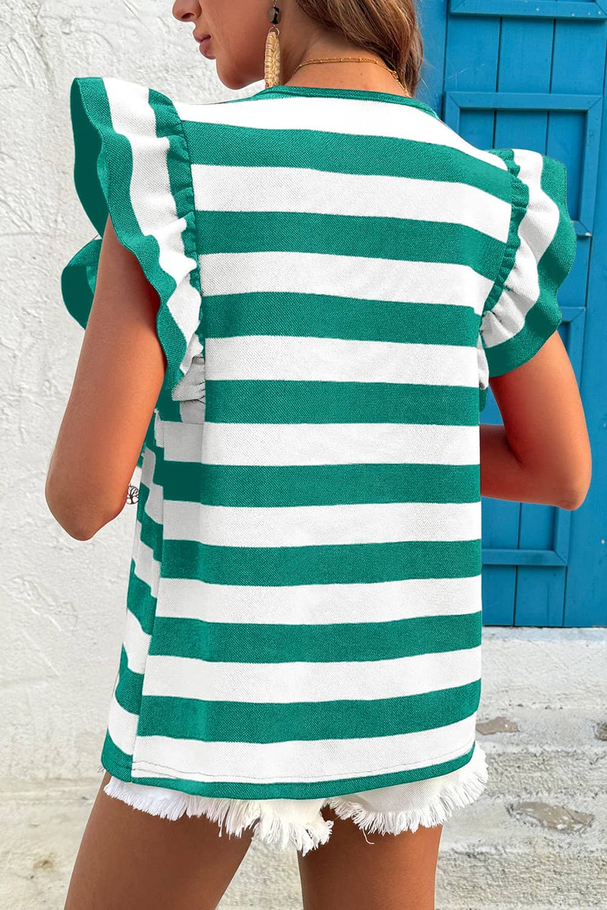 Green Stripe Flutter Sleeve Round Neck T Shirt