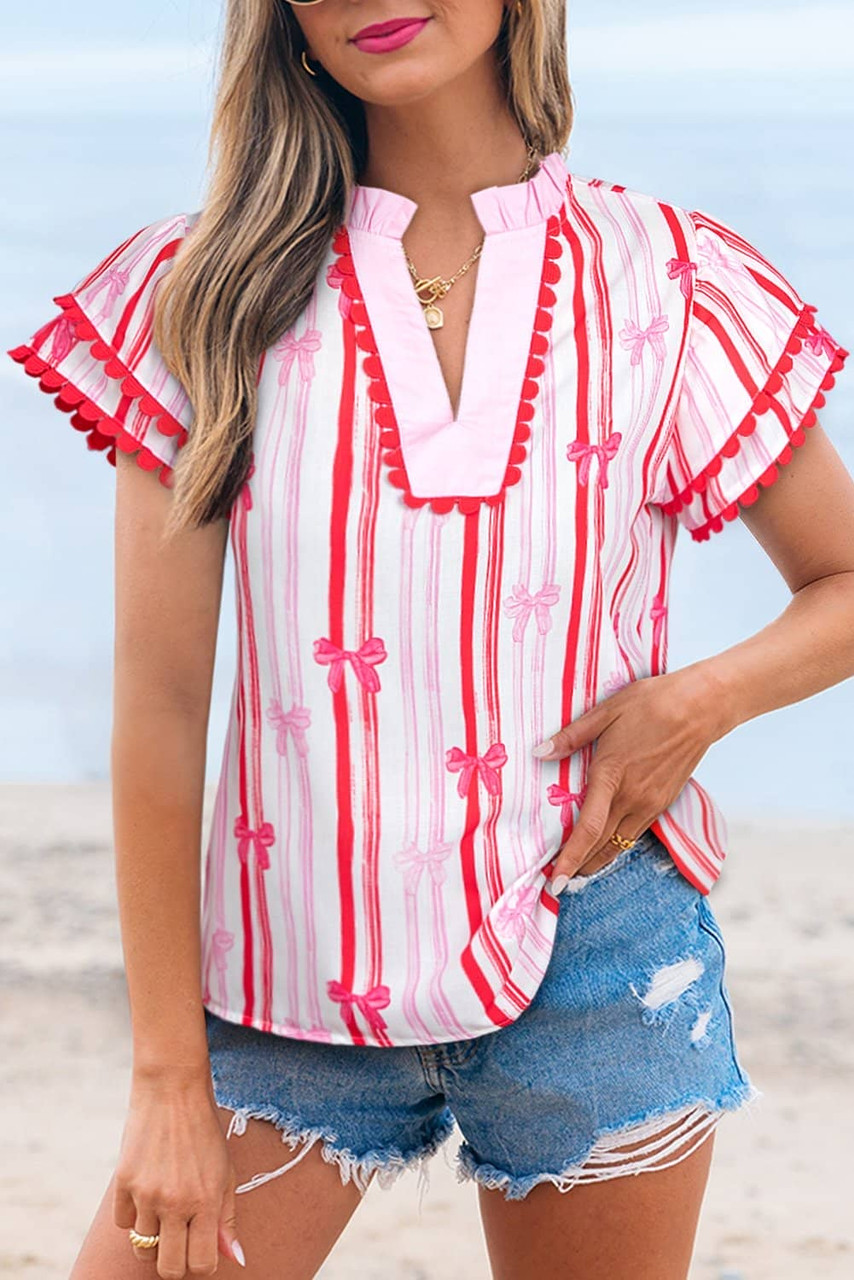 Pink Ric-rac Trim Ruffled Sleeve V Neck Bow Striped Printed Blouse Pink Ric-rac Trim Ruffled Sleeve V Neck Bow Striped Printed Blouse
