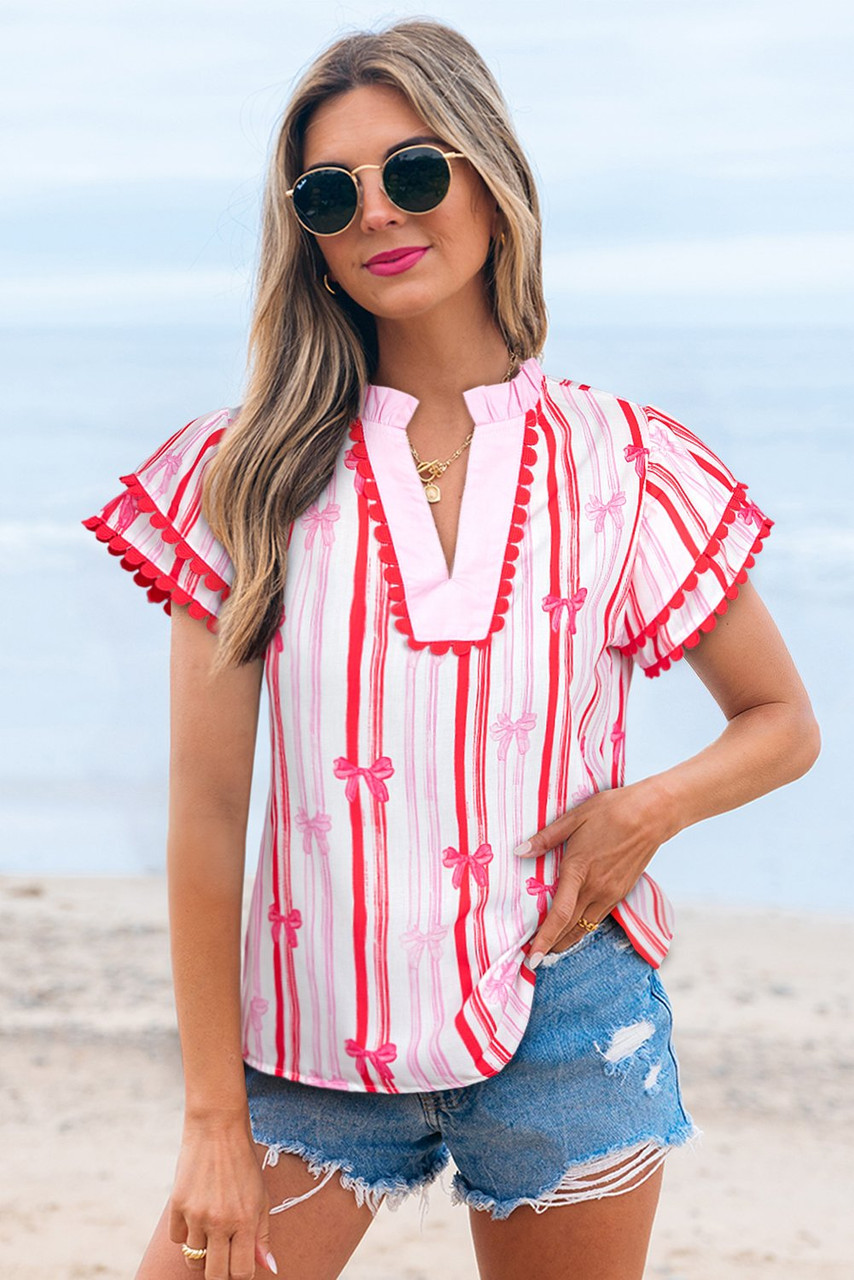Pink Ric-rac Trim Ruffled Sleeve V Neck Bow Striped Printed Blouse Pink Ric-rac Trim Ruffled Sleeve V Neck Bow Striped Printed Blouse