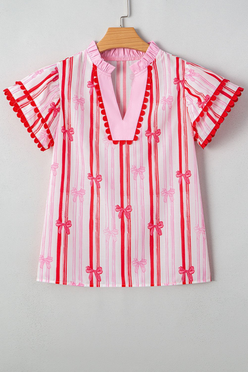 Pink Ric-rac Trim Ruffled Sleeve V Neck Bow Striped Printed Blouse Pink Ric-rac Trim Ruffled Sleeve V Neck Bow Striped Printed Blouse