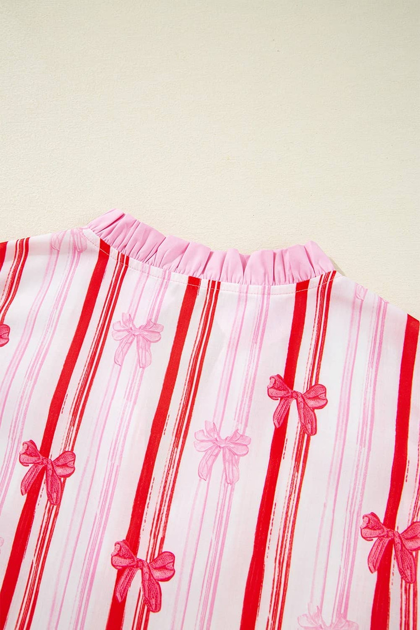 Pink Ric-rac Trim Ruffled Sleeve V Neck Bow Striped Printed Blouse Pink Ric-rac Trim Ruffled Sleeve V Neck Bow Striped Printed Blouse