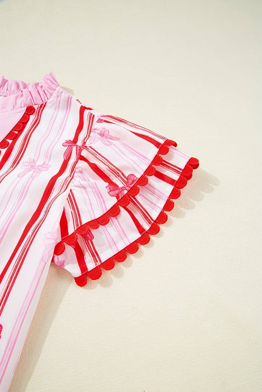 Pink Ric-rac Trim Ruffled Sleeve V Neck Bow Striped Printed Blouse Pink Ric-rac Trim Ruffled Sleeve V Neck Bow Striped Printed Blouse