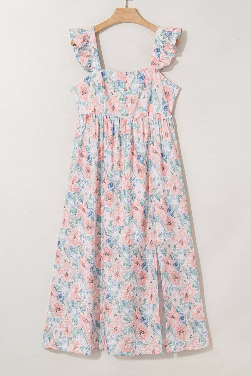 Pink Floral Print Square Neck Backless Long Dress with Slit
