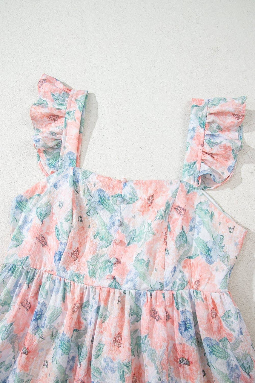 Pink Floral Print Square Neck Backless Long Dress with Slit