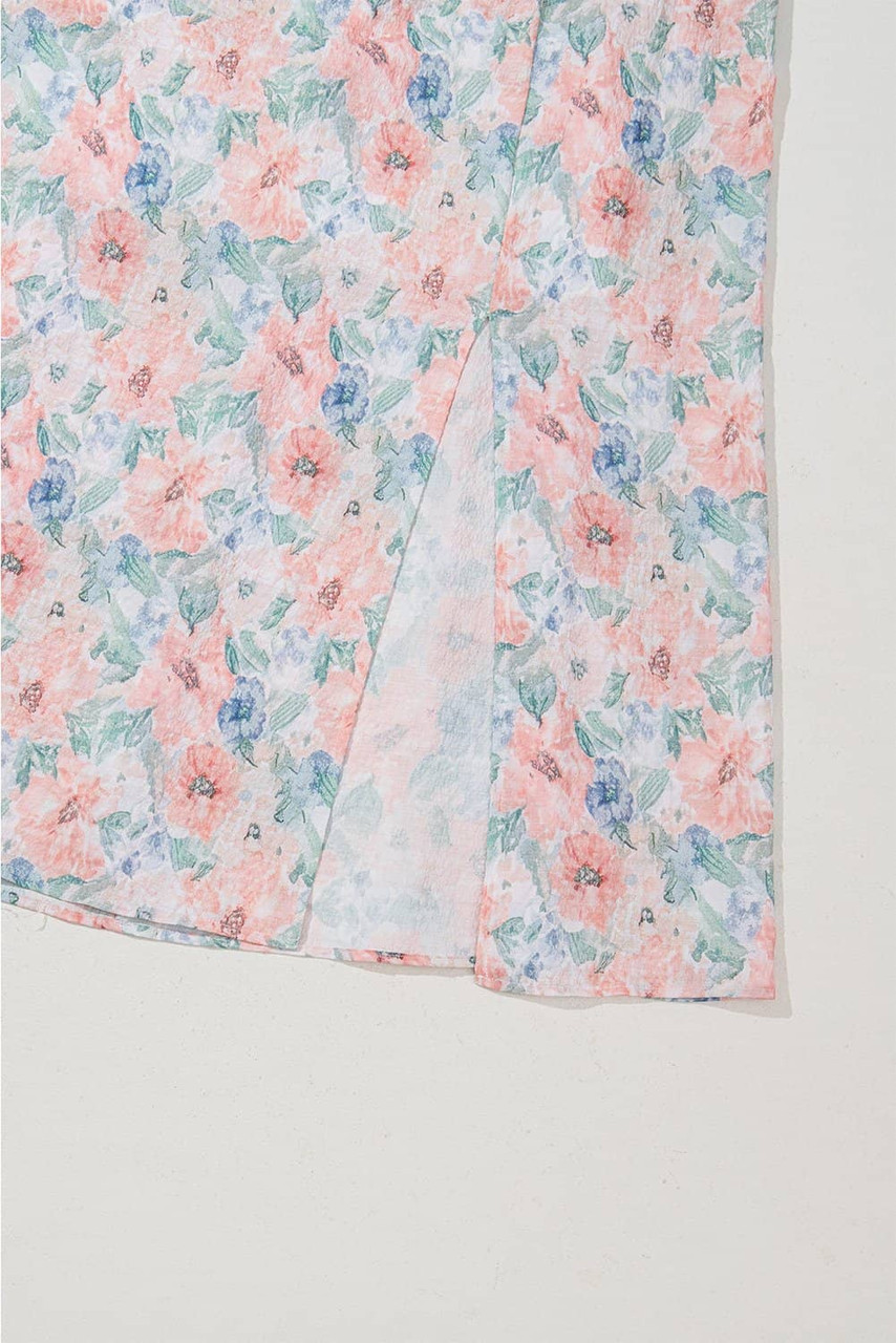 Pink Floral Print Square Neck Backless Long Dress with Slit