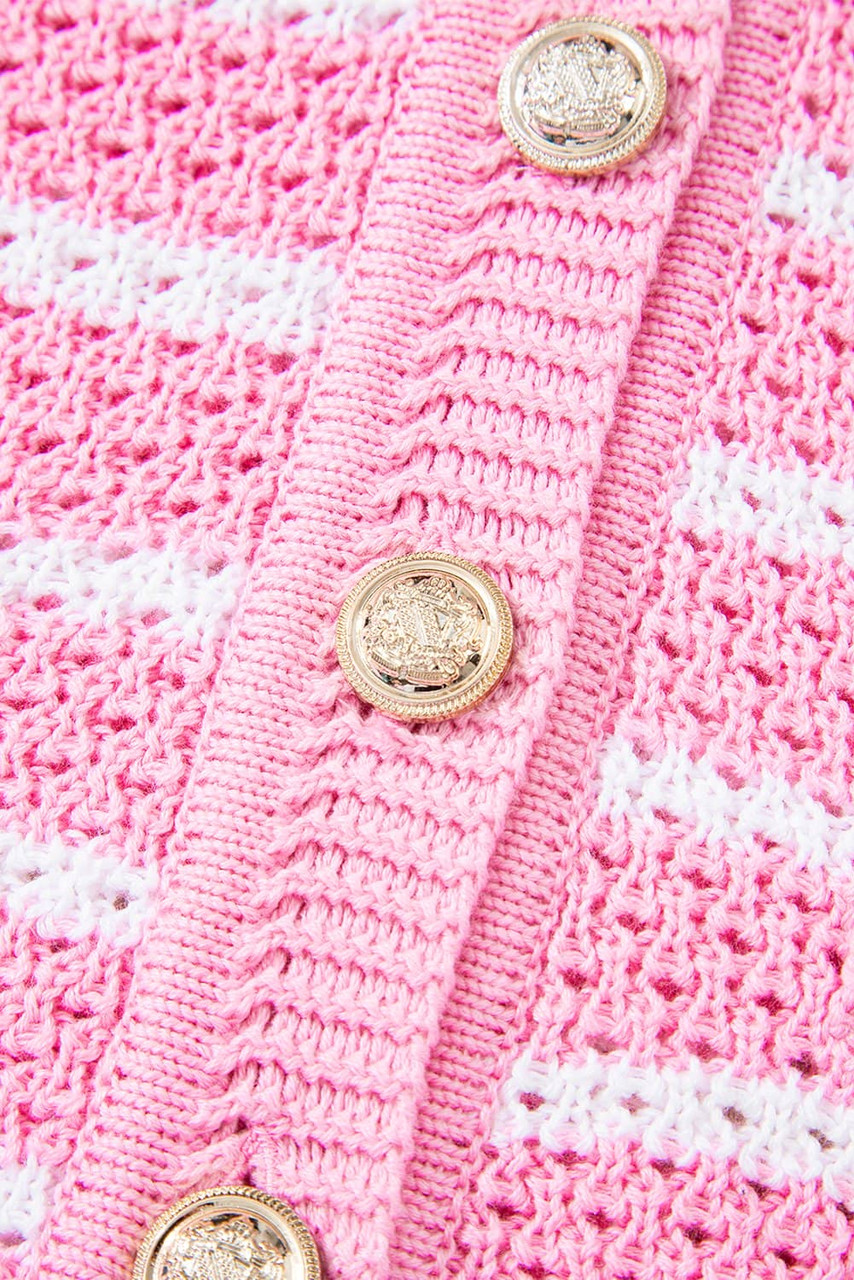 Pink Stripe V Neck Gold Buttons Elegant Sweater Vest