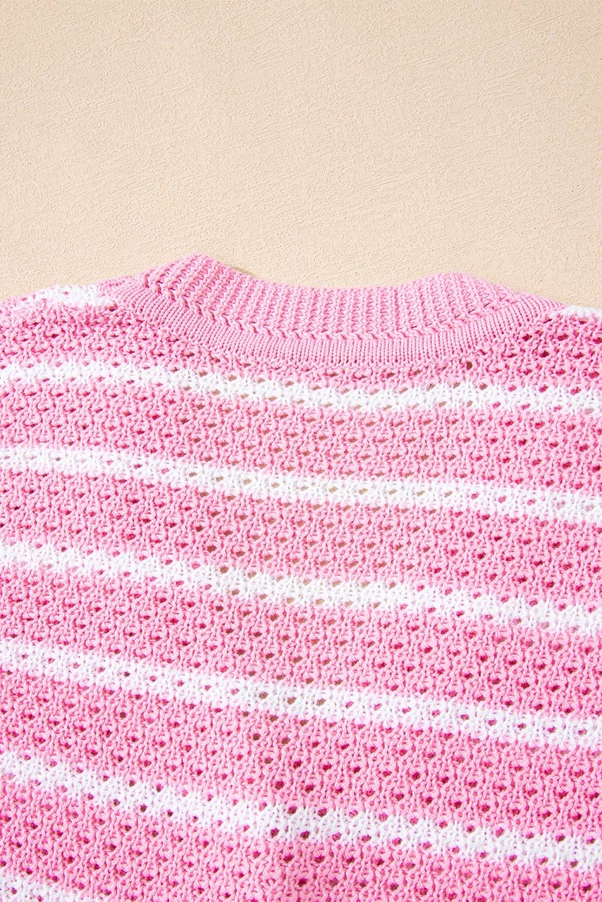 Pink Stripe V Neck Gold Buttons Elegant Sweater Vest