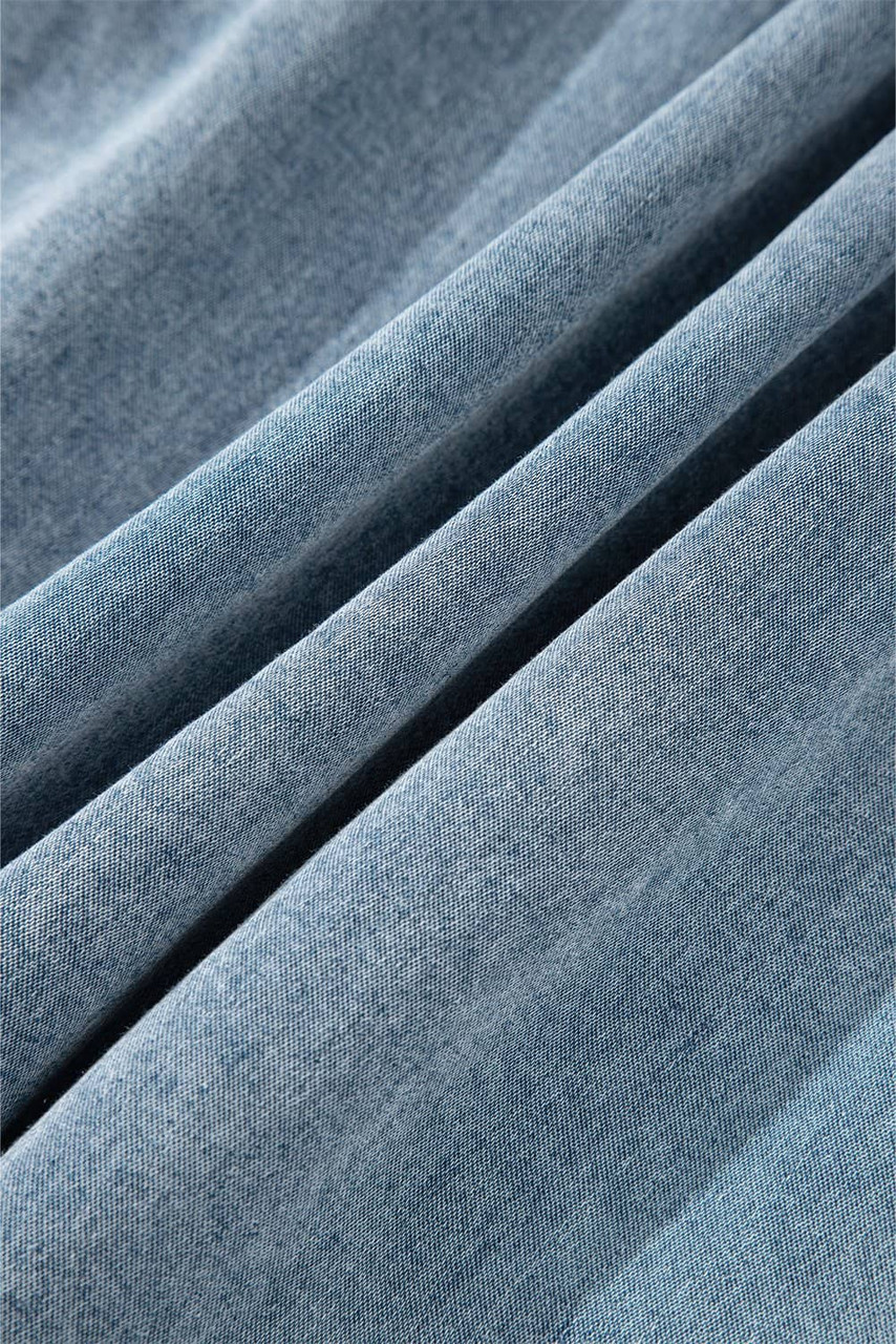 Real Teal Bowknot Neck Sleeveless Ruffled Chambray Dress