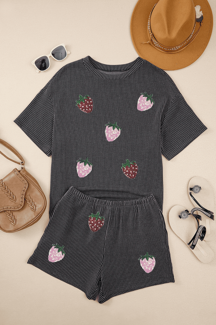 Carbon Grey Sequin Strawberry Patched Twist Ribbed Short 2pcs Outfit Carbon Grey Sequin Strawberry Patched Twist Ribbed Short 2pcs Outfit