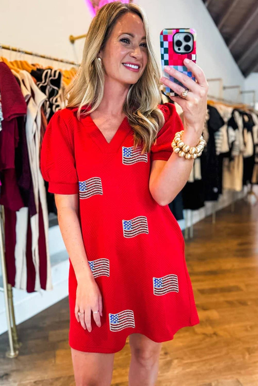 Fiery Red Sequin American Flag Patched Polo Collar Textured T Shirt Dress