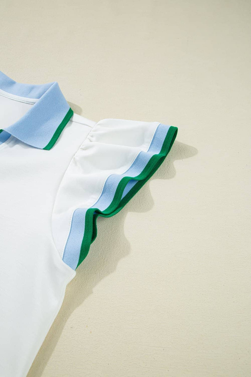 White Color Contrast Ruffled Sleeve Collared V Neck Blouse