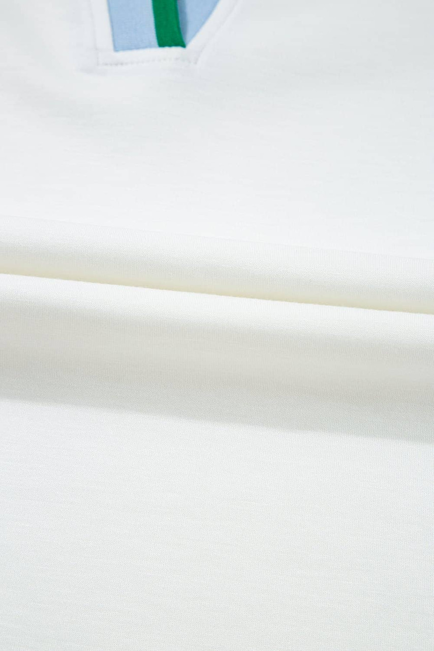 White Color Contrast Ruffled Sleeve Collared V Neck Blouse