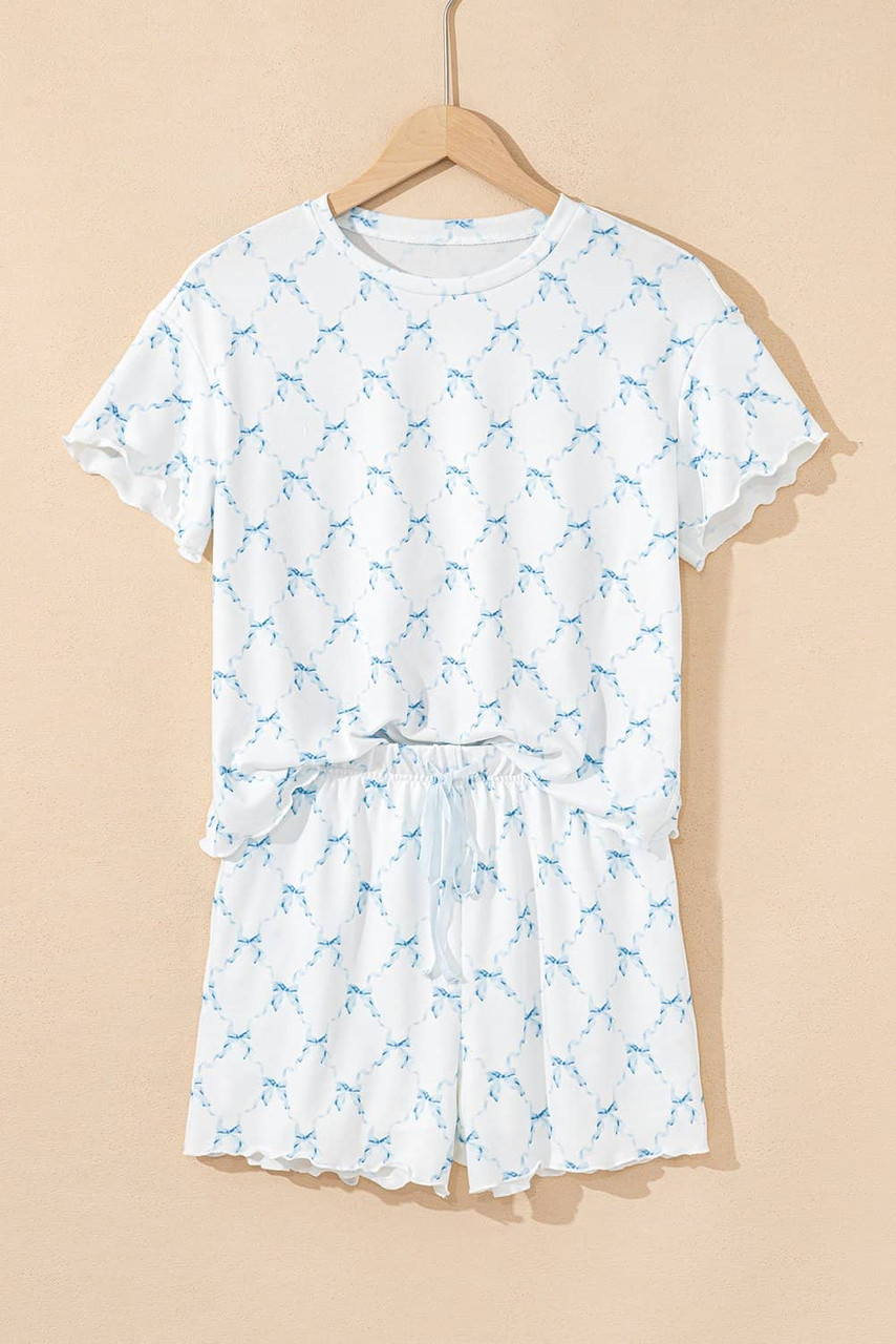 Sky Blue Bow Knot Geometric Print Lettuce Trim Two Piece Lounge Set