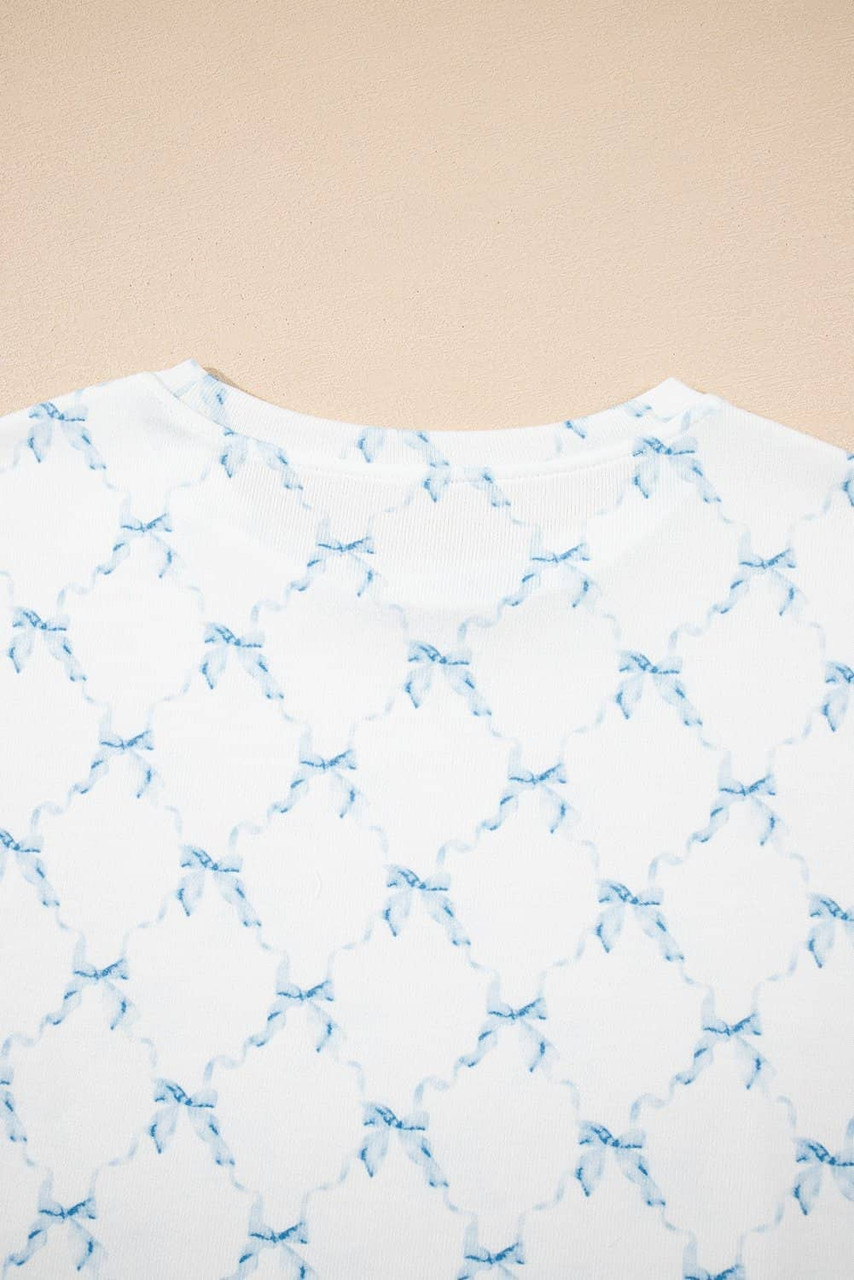 Sky Blue Bow Knot Geometric Print Lettuce Trim Two Piece Lounge Set