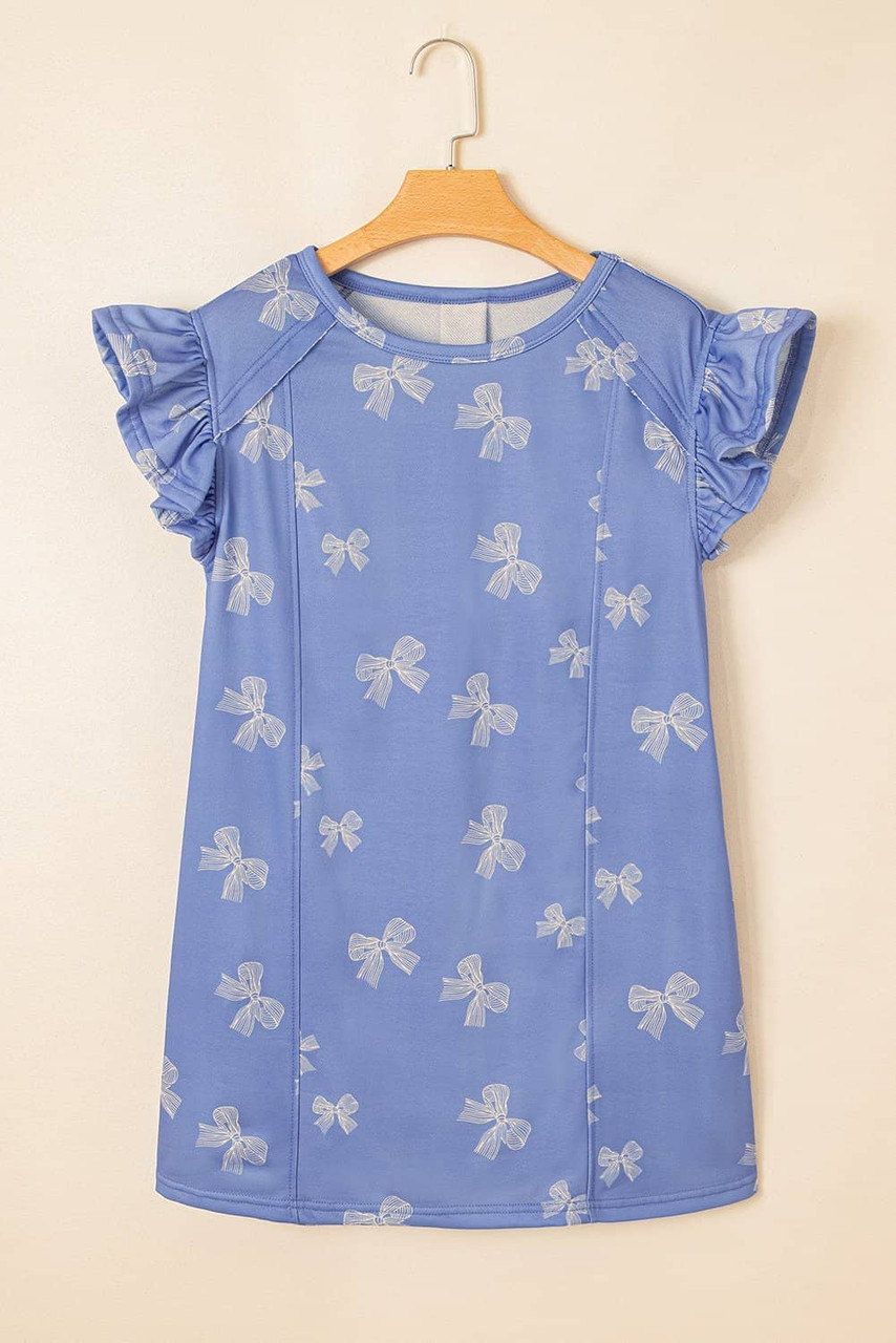 Sky Blue Bow Knot Print Crewneck Ruffled Sleeve Shift Mini Dress