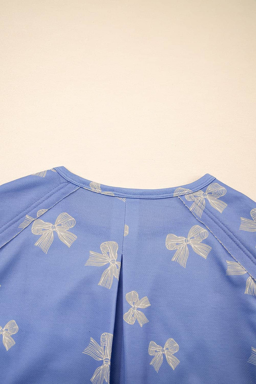 Sky Blue Bow Knot Print Crewneck Ruffled Sleeve Shift Mini Dress