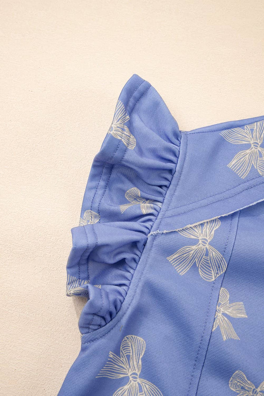 Sky Blue Bow Knot Print Crewneck Ruffled Sleeve Shift Mini Dress