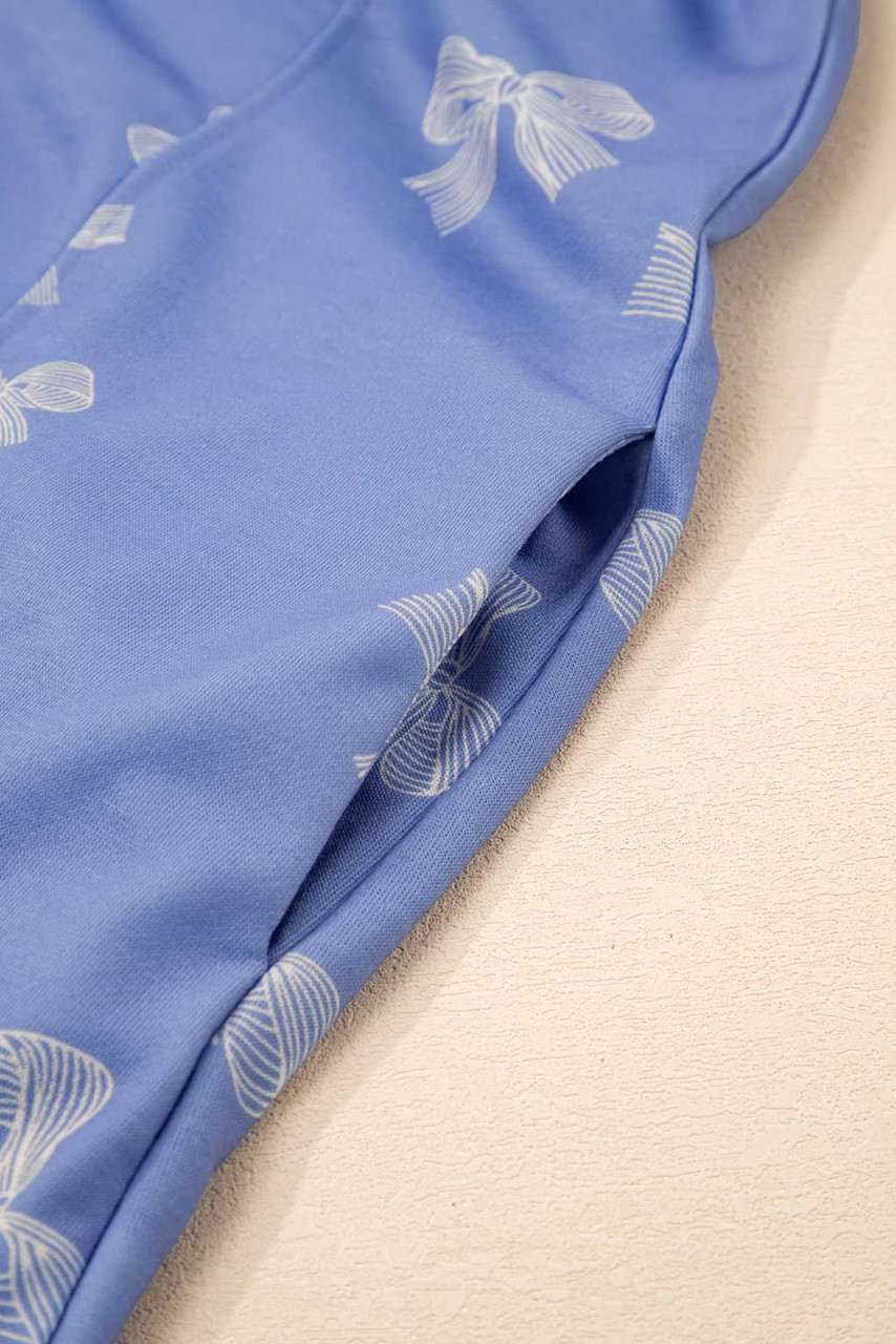 Sky Blue Bow Knot Print Crewneck Ruffled Sleeve Shift Mini Dress