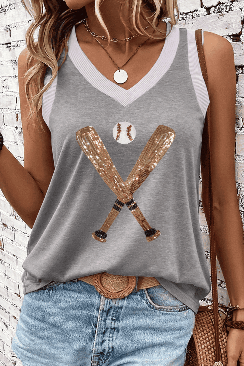 Gray Sequined Baseball Bat Graphic Ribbed Trim Casual Tank Top Gray Sequined Baseball Bat Graphic Ribbed Trim Casual Tank Top