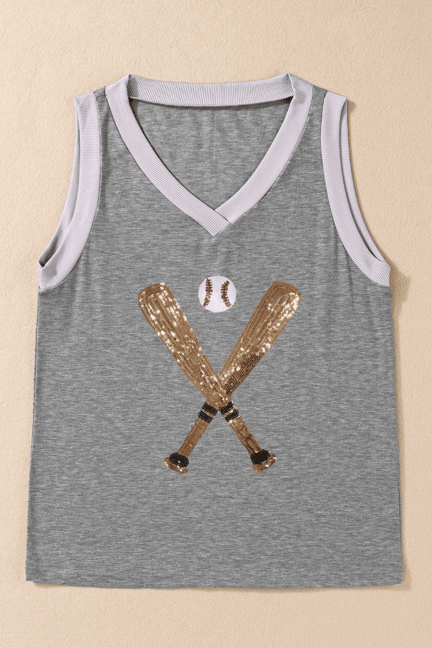 Gray Sequined Baseball Bat Graphic Ribbed Trim Casual Tank Top Gray Sequined Baseball Bat Graphic Ribbed Trim Casual Tank Top