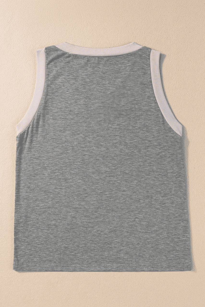 Gray Sequined Baseball Bat Graphic Ribbed Trim Casual Tank Top Gray Sequined Baseball Bat Graphic Ribbed Trim Casual Tank Top