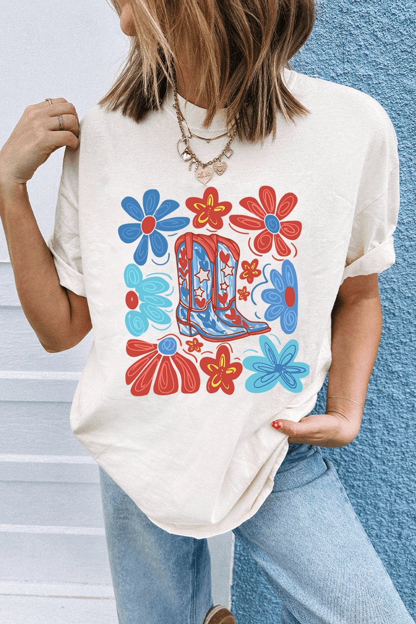 White Floral Cowgirl Boots Print Independence Day T Shirt White Floral Cowgirl Boots Print Independence Day T Shirt
