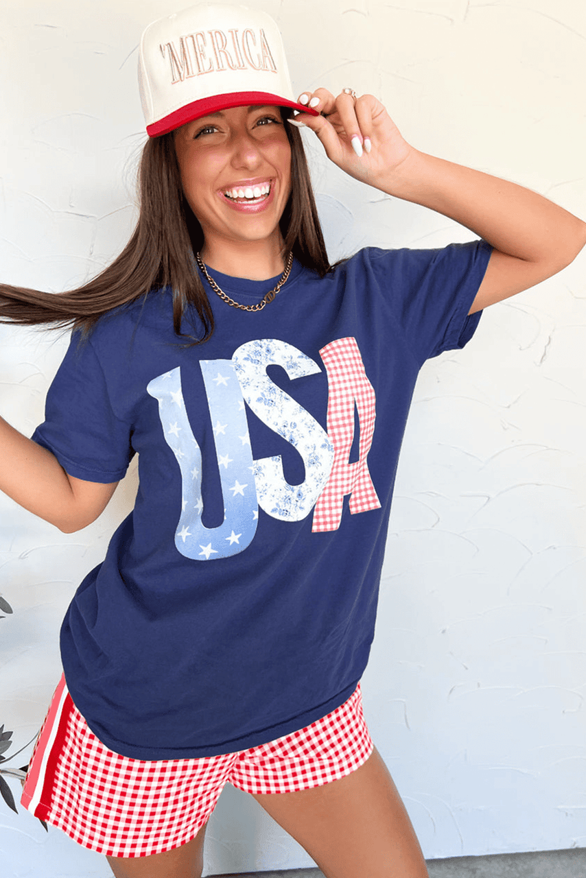 Blue USA Graphic July 4th Crew Neck T Shirt