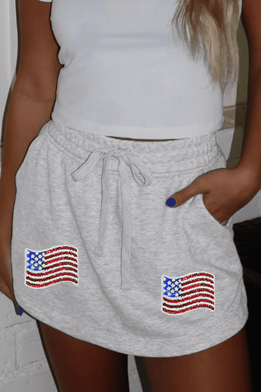 Light Grey American Flag Patched Lace-up High Waist Skort