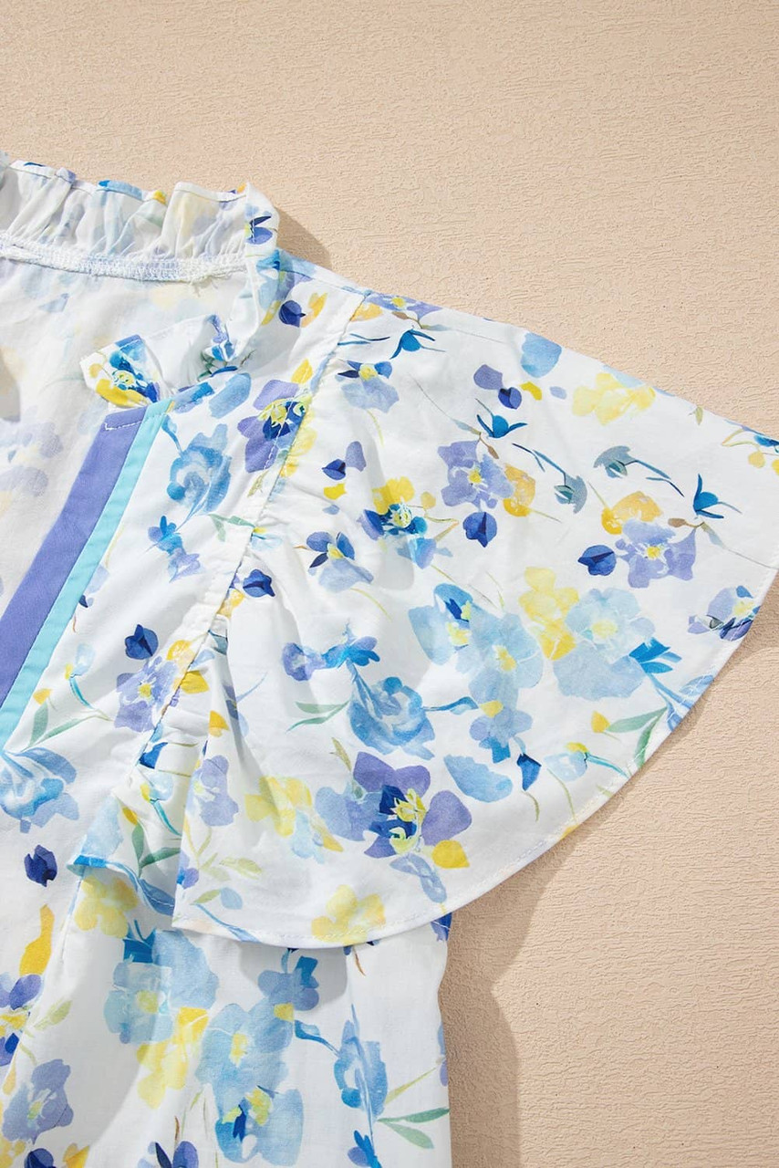 Sky Blue Floral Print Frilled Notched V Neck Blouse