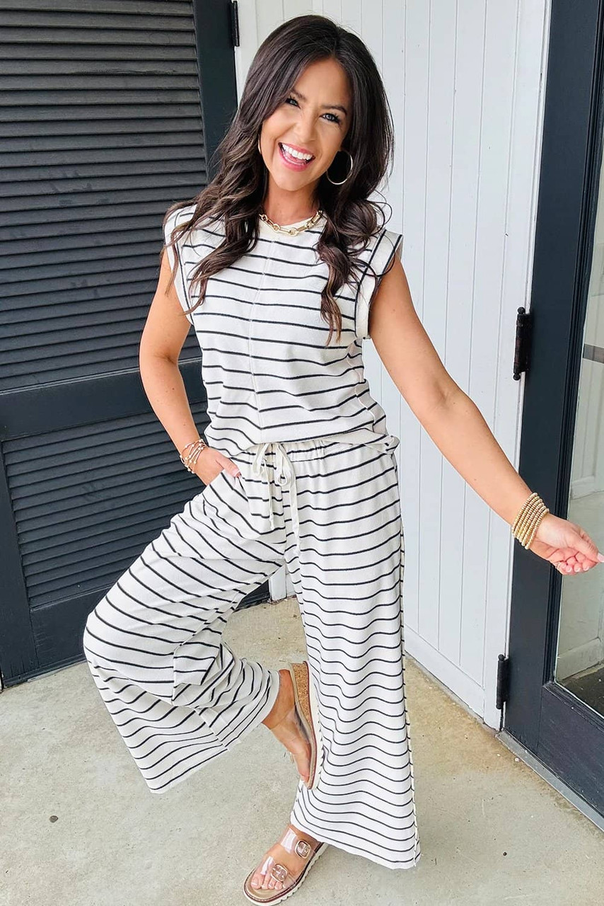 Black Stripe Casual Wide Leg 2pcs Pants Set