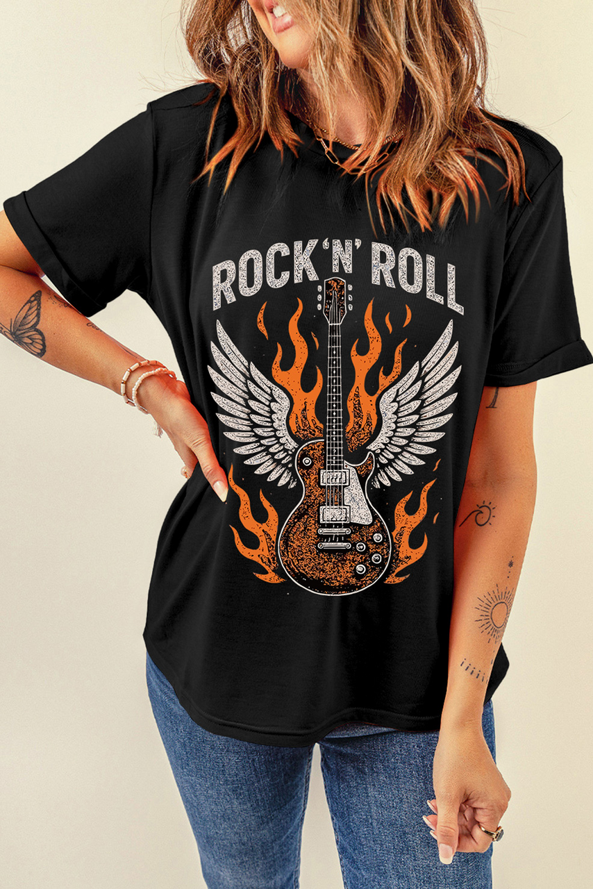 Black Guitar Wings Slogan Print Crew Neck T Shirt