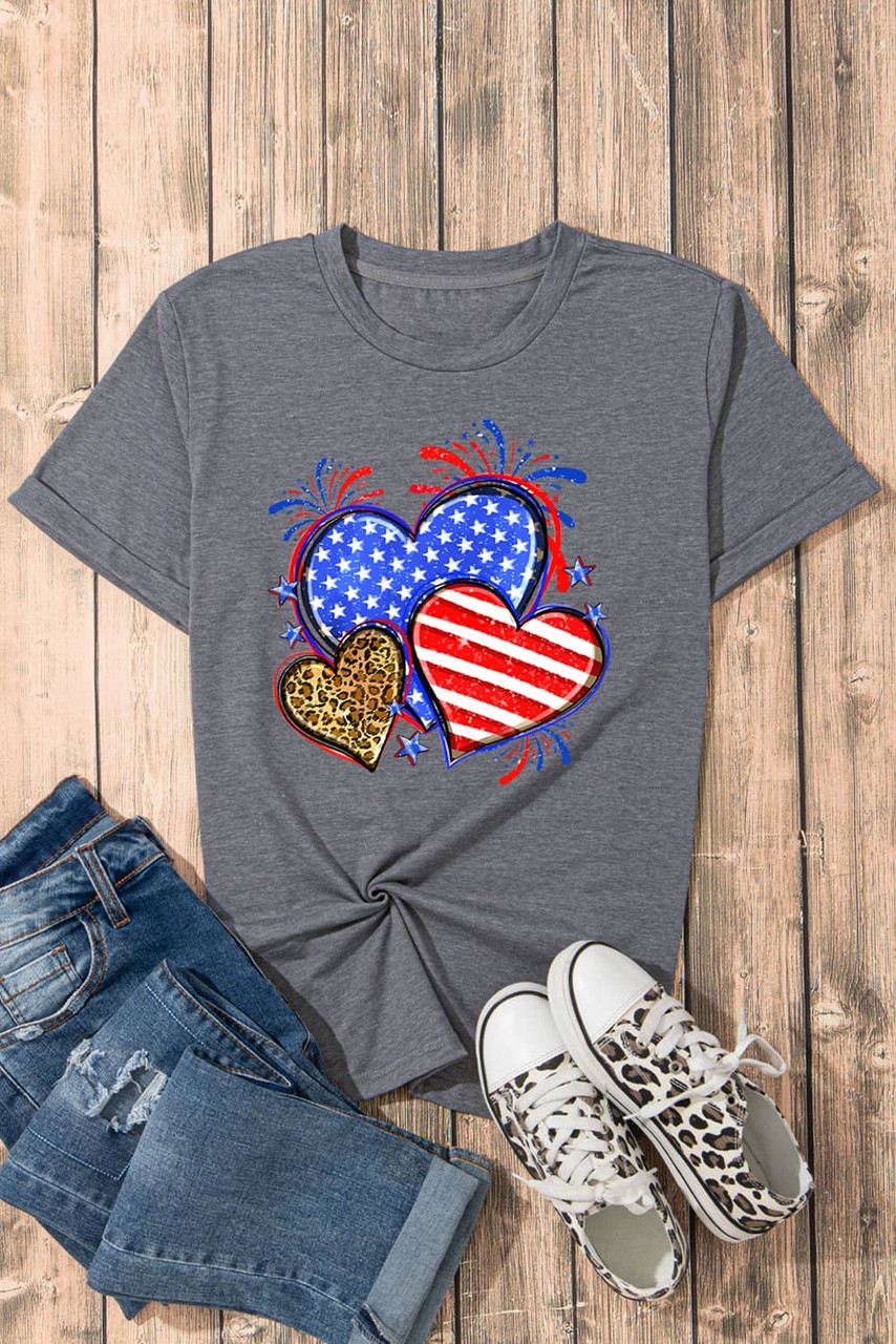 Gray American Heart July 4th Celebration Graphic T Shirt