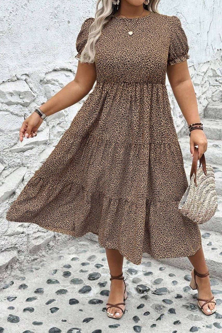Brown Plus Size Leopard Print Frill Trim Short Sleeve Flared Dress
