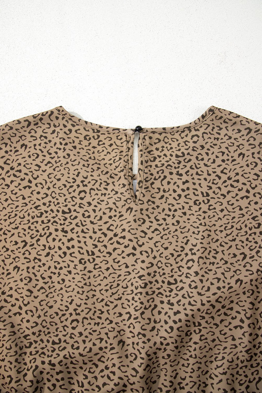 Brown Plus Size Leopard Print Frill Trim Short Sleeve Flared Dress