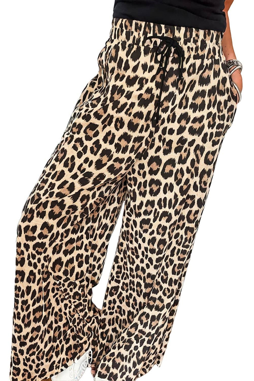 Parchment Leopard Drawstring Flowy Wide Leg Pants