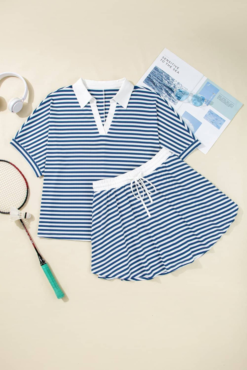 Blue Stripe Short Sleeve Collared V Neck Top Plus Size Short Set Blue Stripe Short Sleeve Collared V Neck Top Plus Size Short Set