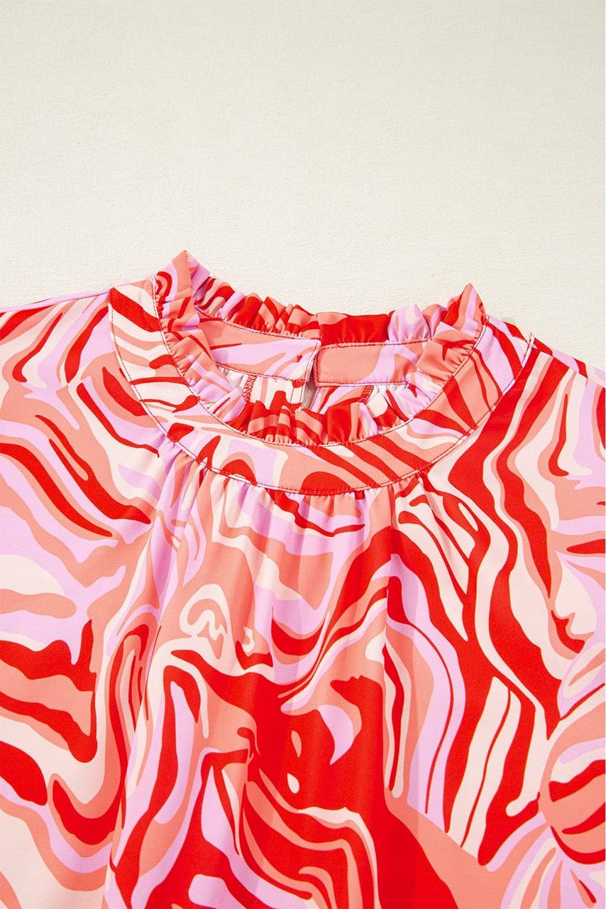 Red Abstract Print Ruffled Short Sleeve Mock Neck Blouse