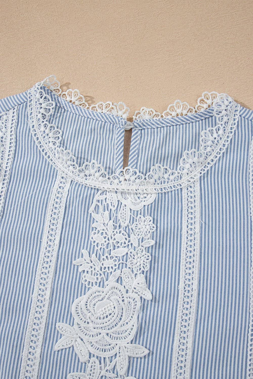Sky Blue Stripe Floral Lace Splicing Puff Sleeve Blouse