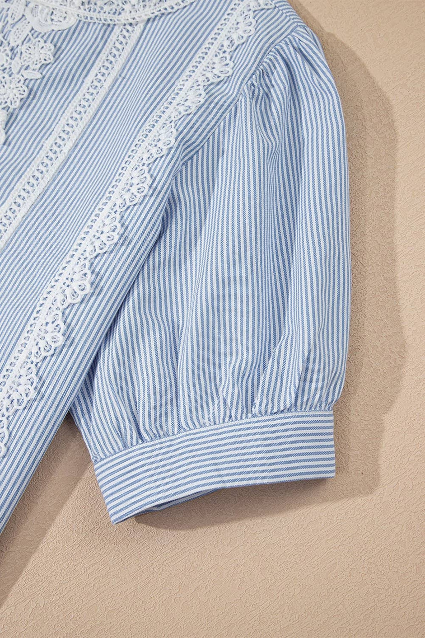 Sky Blue Stripe Floral Lace Splicing Puff Sleeve Blouse