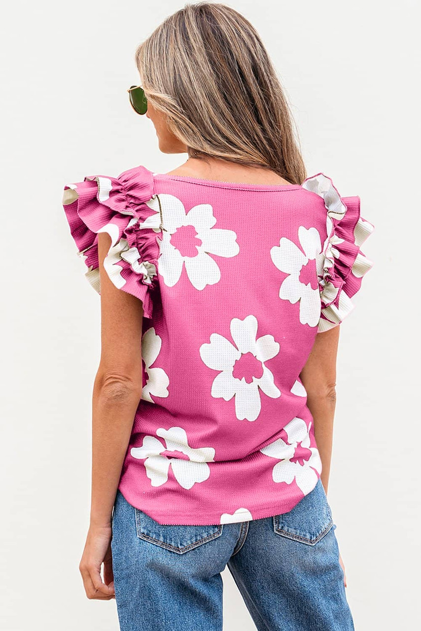 Pink Floral Textured Ruffled Short Sleeve Square Neck Blouse Pink Floral Textured Ruffled Short Sleeve Square Neck Blouse
