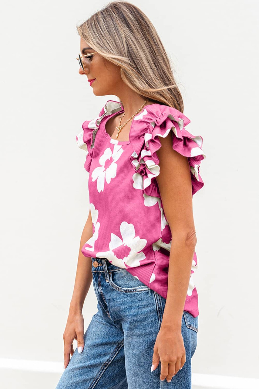 Pink Floral Textured Ruffled Short Sleeve Square Neck Blouse Pink Floral Textured Ruffled Short Sleeve Square Neck Blouse