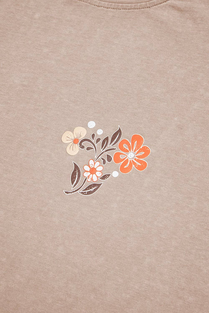 Smoke Gray Mineral Wash Floral Steer Head Printed Back Western Fashion Tee