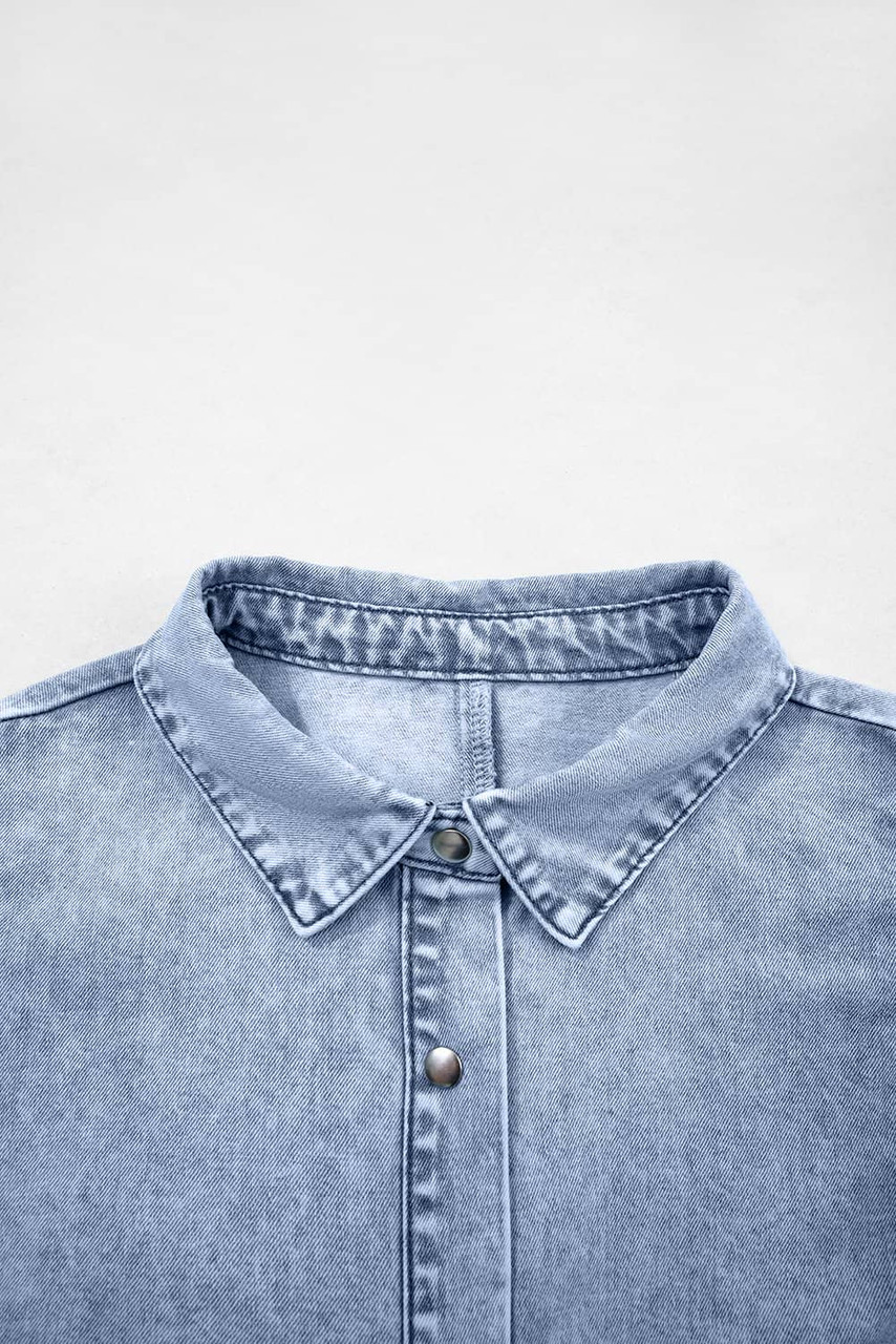 Beau Blue Double Ruffled Sleeves Buttoned A-line Collared Mini Denim Dress