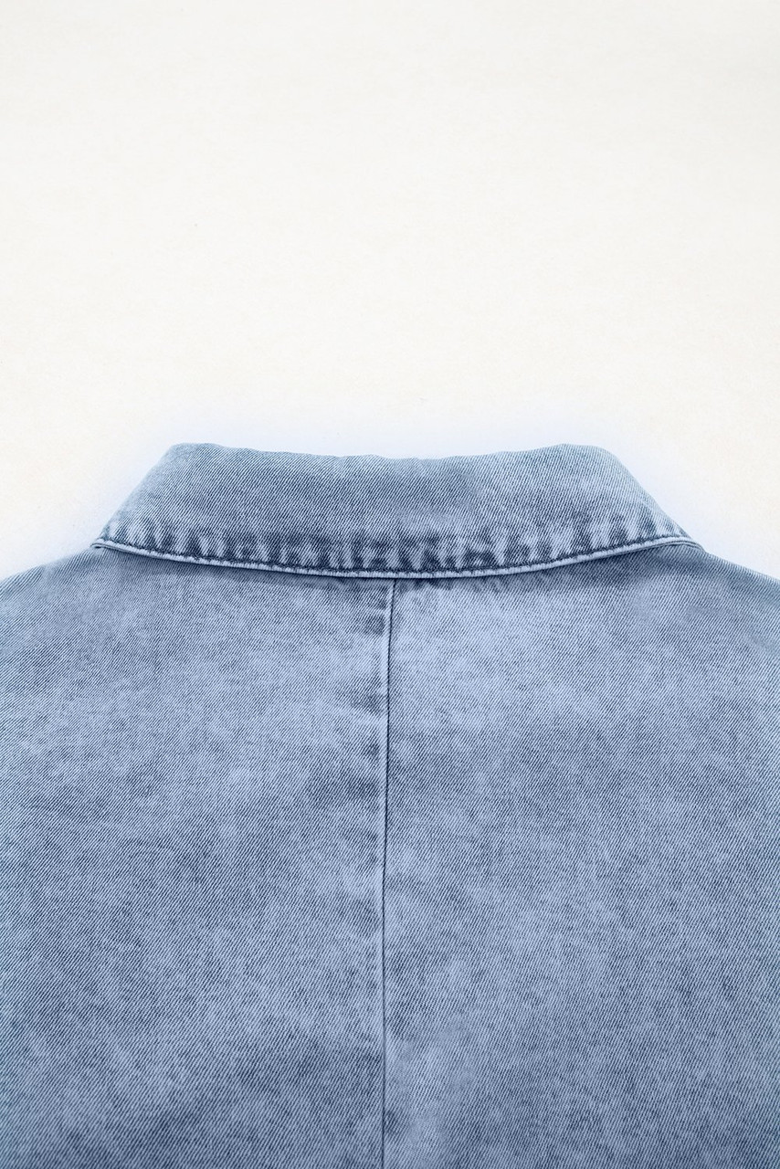 Beau Blue Double Ruffled Sleeves Buttoned A-line Collared Mini Denim Dress