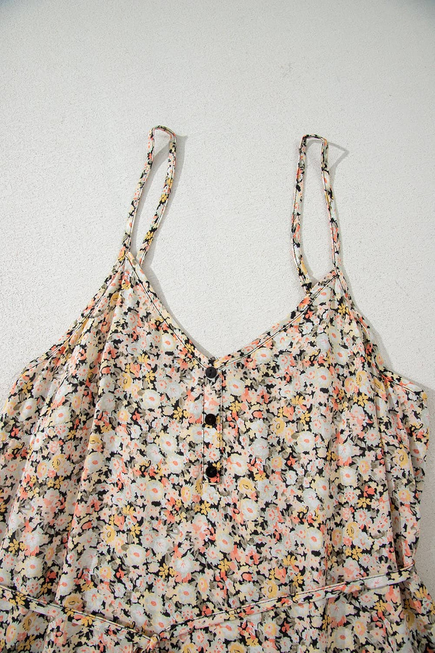 Khaki Boho Floral Printed Tie Waist Flared Sundress