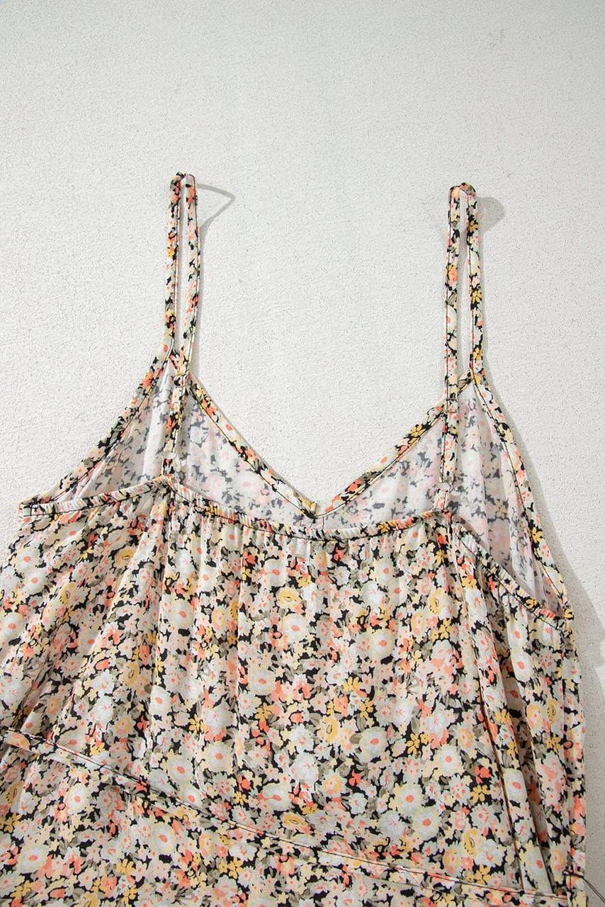 Khaki Boho Floral Printed Tie Waist Flared Sundress