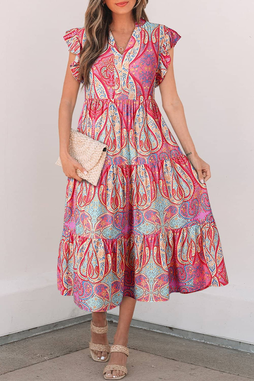 Rose Tribal Paisley Print Ruffled Sleeve Notch Neck Midi Dress
